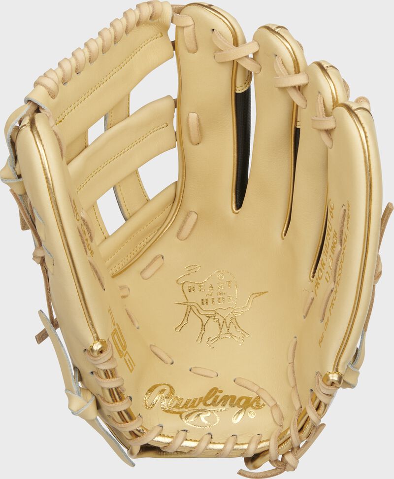 Camel palm of a Rawlings HOH R2G ContoUR fit outfield glove with camel laces - SKU: PROR3028U-6C