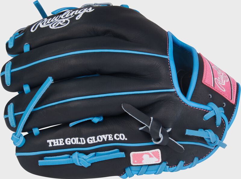 Navy back of a Heart of the Hide 11.75-Inch Infield Glove with the MLB logo on the pinky