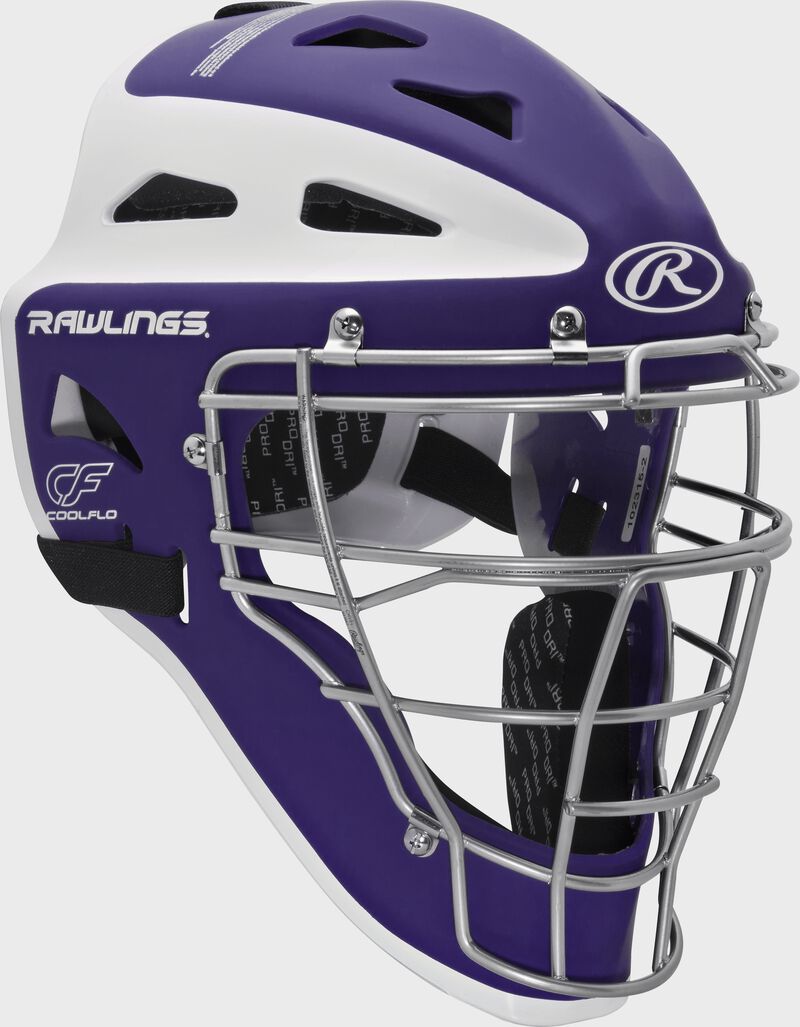 Front right of a purple/white CHVEL Rawlings Velo adult catcher's helmet