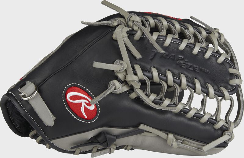 Thumb view of a G6019BGFS Gamer 12.75-inch outfield glove with a black thumb, grey trim and black Trap-Eze web