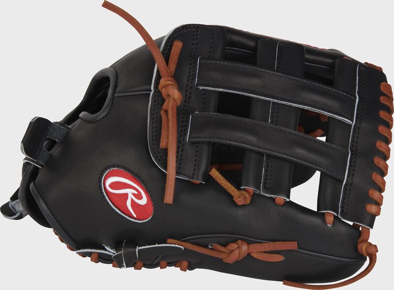 Thumb of a black Heart of the Hide 13" slowpitch softball glove with a black H web - SKU: PRO130SP-6B loading=
