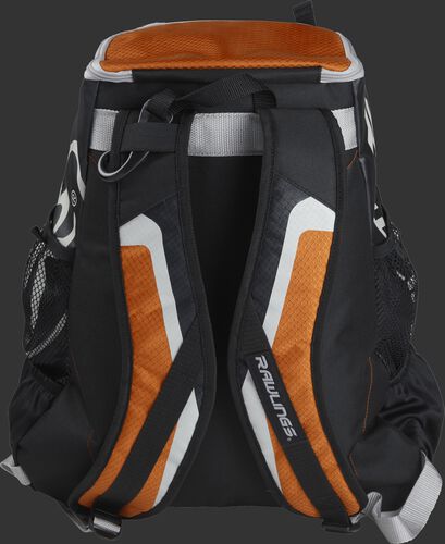 Back of black/orange R500 Players team backpack with black/orange shoulder straps