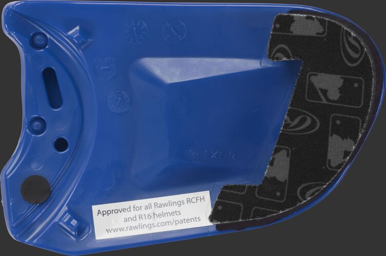 Padding on a royal REXT Rawlings R-EXT right handed universal batting helmet face guard extension
