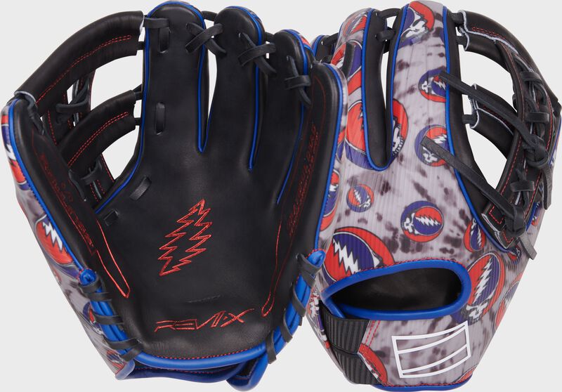 2 images showing the palm and back of a Rawlings x Grateful Dead REV1X infield glove