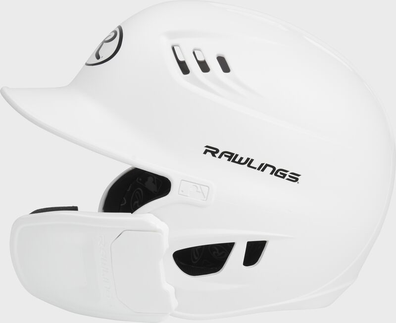 Left-side view of White R16 Reverse Matte Batting Helmet | Junior & Senior - SKU: R6R07 loading=