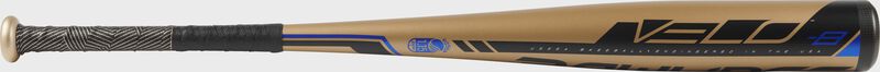 Barrel view of a UT9V8 2019 Velo USSSA baseball bat with a gold barrel and gold/black batting grip