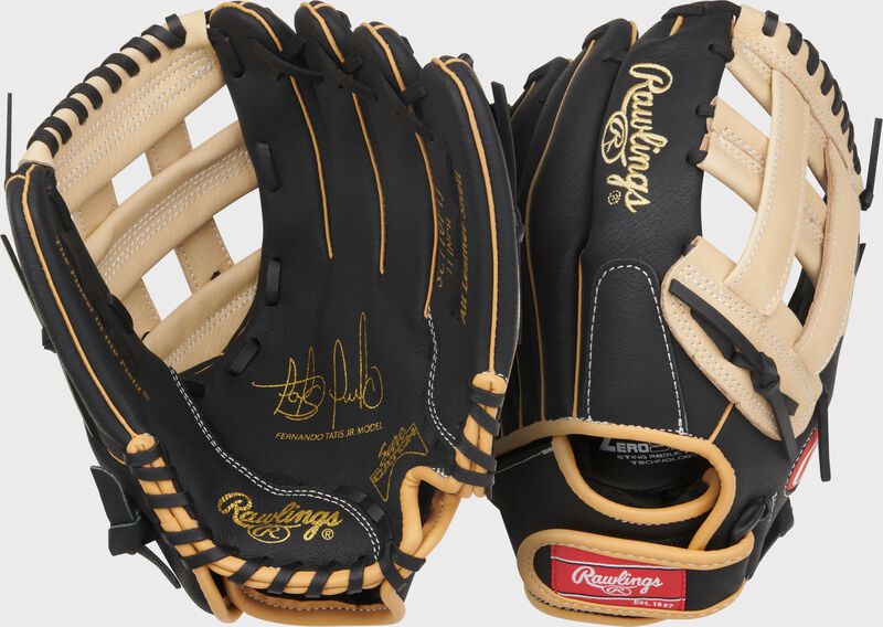 Two images showing the palm & back of a Rawlings Sure Catch Fernando Tatís Jr. 11-Inch Glove