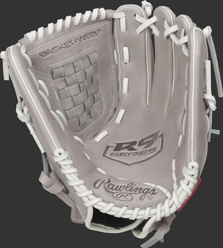 Gray palm of a Rawlings R9 Series softball glove with a gray web and white laces - SKU: R9SB120-3G