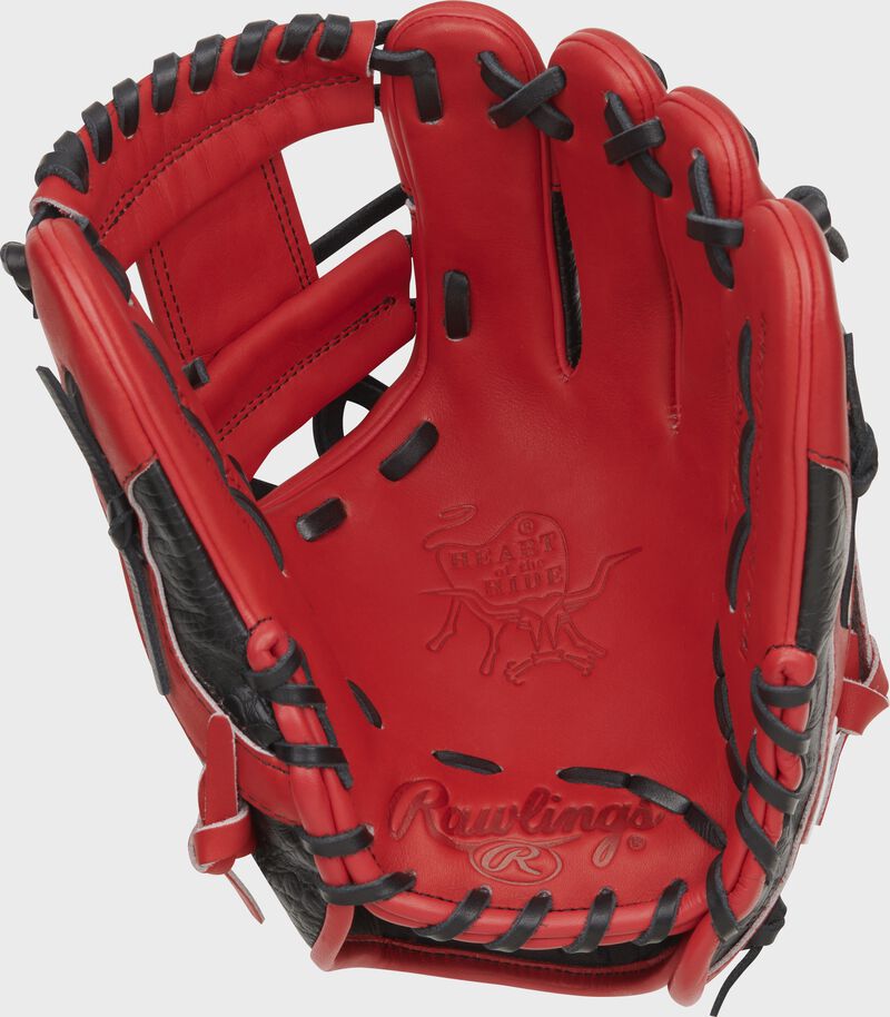 Scarlet palm of a Rawlings Heart of the Hide ColorSync 8.0 infield glove with black laces - SKU: PRO204-2SBC