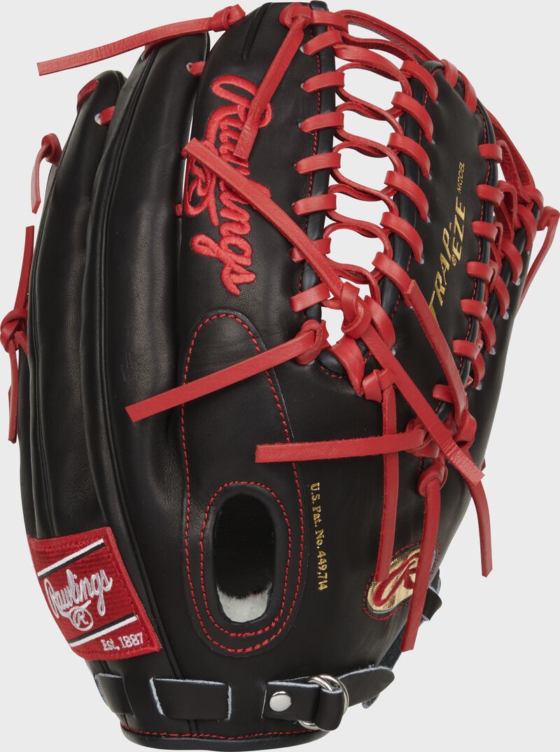 Back of a black Harrison Bader Pro Preferred Trap-Eze web outfield glove - SKU: RSGPROS601HB
