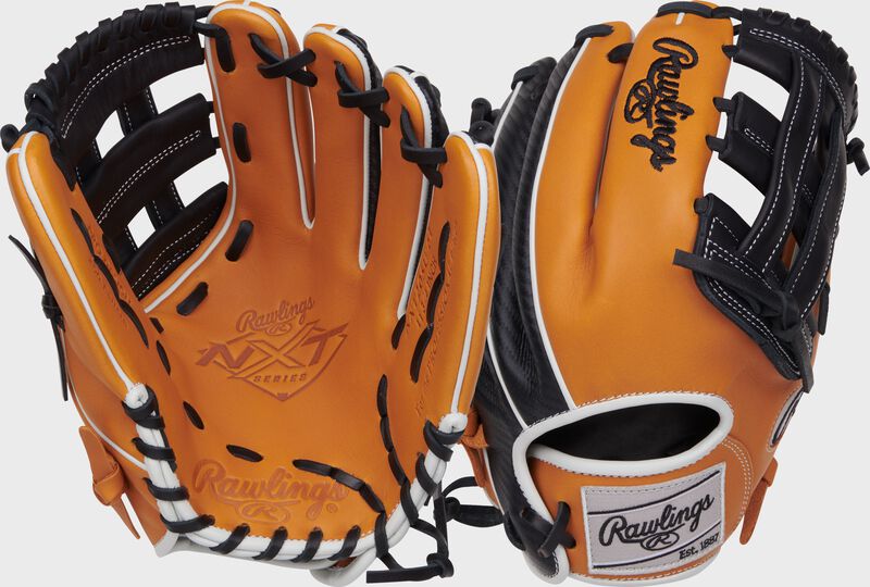 2 images showing the palm & back of a tan/black NXT Series 11.75" H-web infield glove