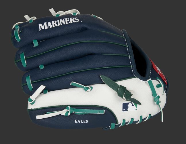 Back of a navy/white Seattle Mariners 10-Inch youth glove with the MLB logo on the pinky - SKU: 22000015111