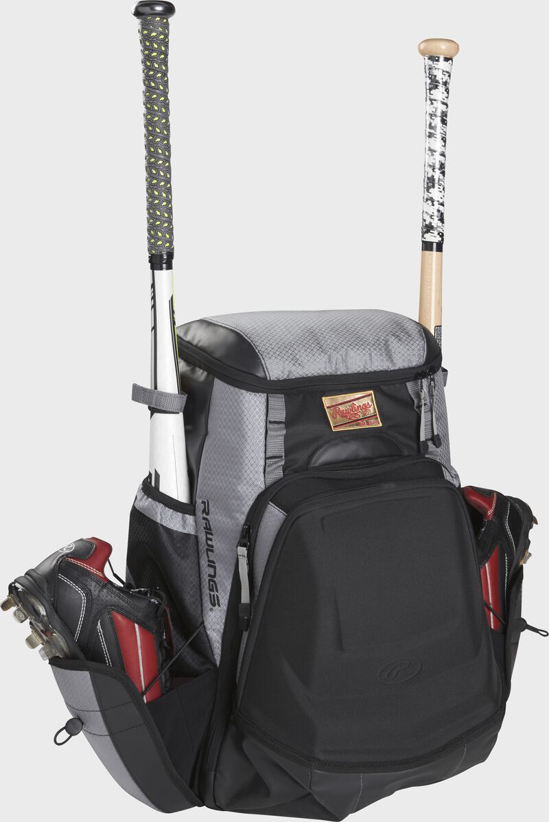 Front right of a black/gray R1000 Gold Glove Series baseball backpack with two bats and cleats