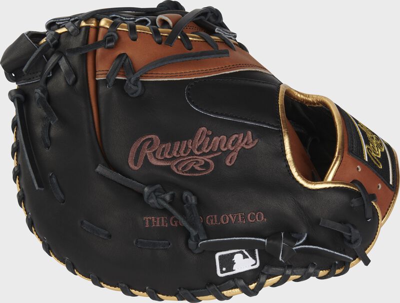 Black back of a Heart of the Hide ColorSync 8.0 first base mitt with the MLB logo on the pinky - SKU: PRODCTGBB