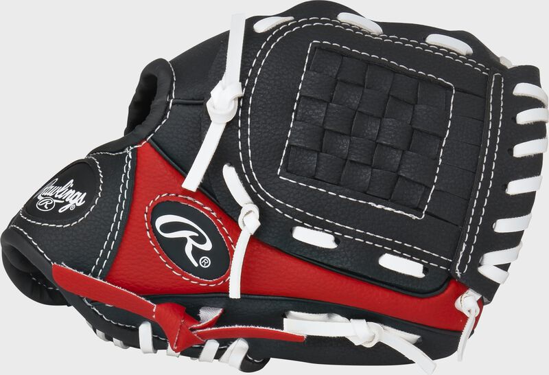 Thumb of a black/scarlet Players 9 in T-Ball glove with a black Basket web - SKU: MEIPL91SB