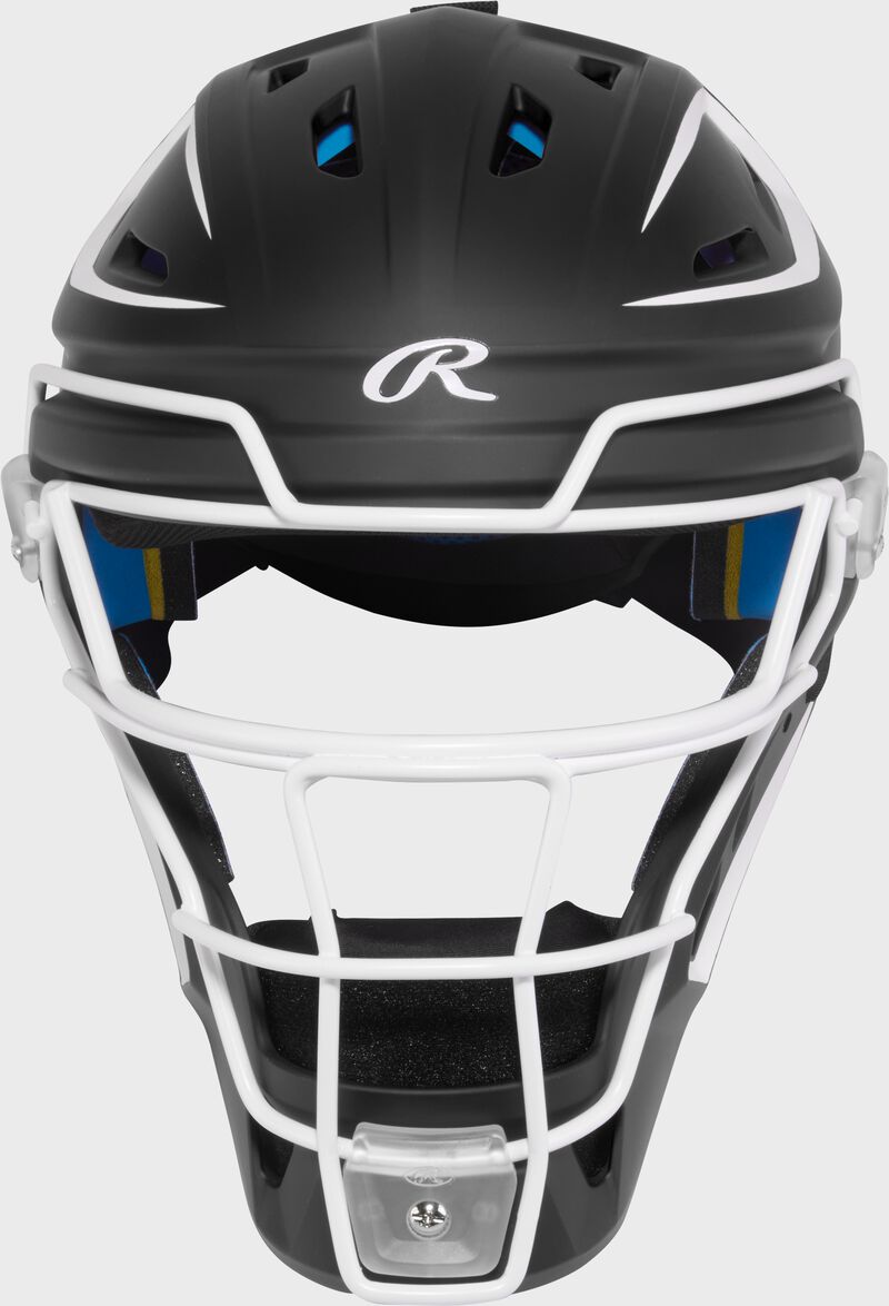 Front of a black Rawlings Mach Pro Series catcher's helmet loading=