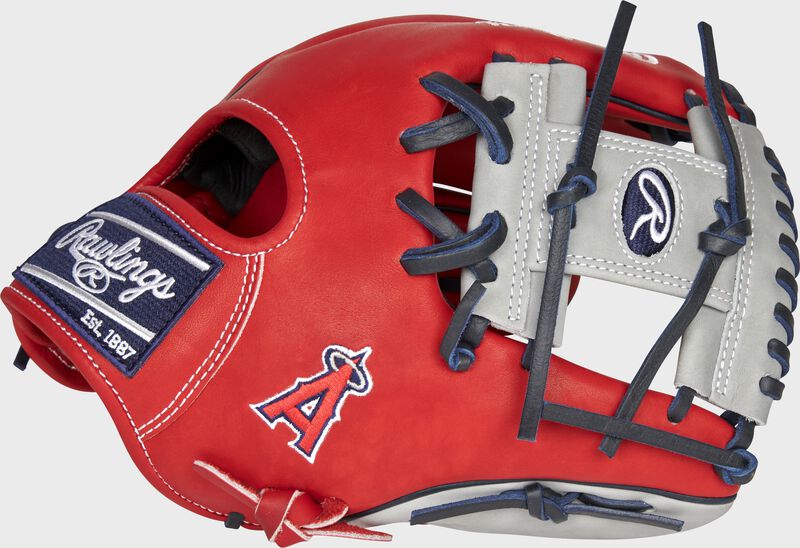 Web back view of scarlet, gray, and navy 2021 Los Angeles Angels Heart of the Hide glove