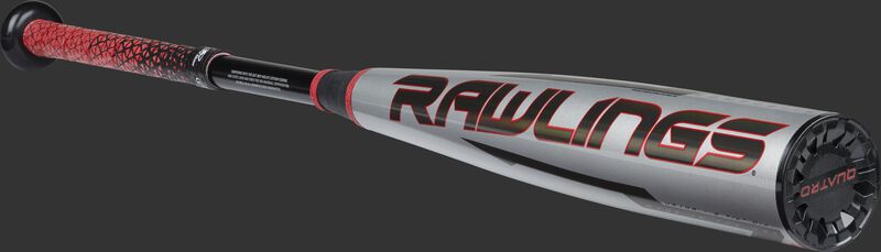 Angled view of a gray -8 Quatro Pro bat with a black Rawlings logo with a black end cap - SKU: US1Q8