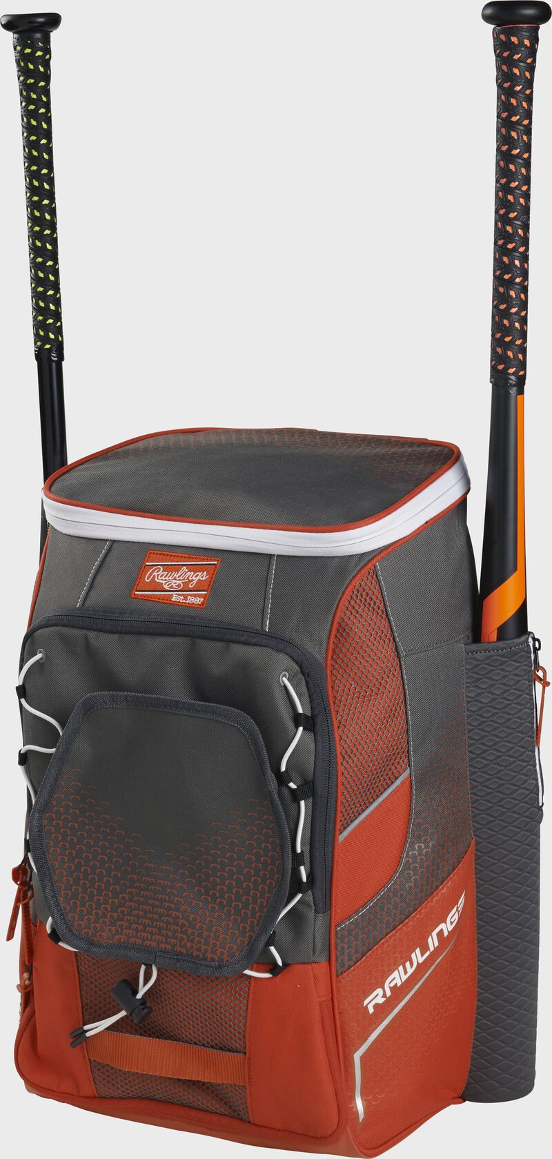 Front right angle view of an orange Impulse backpack with two bats in the side sleeves - SKU: IMPLSE-BO