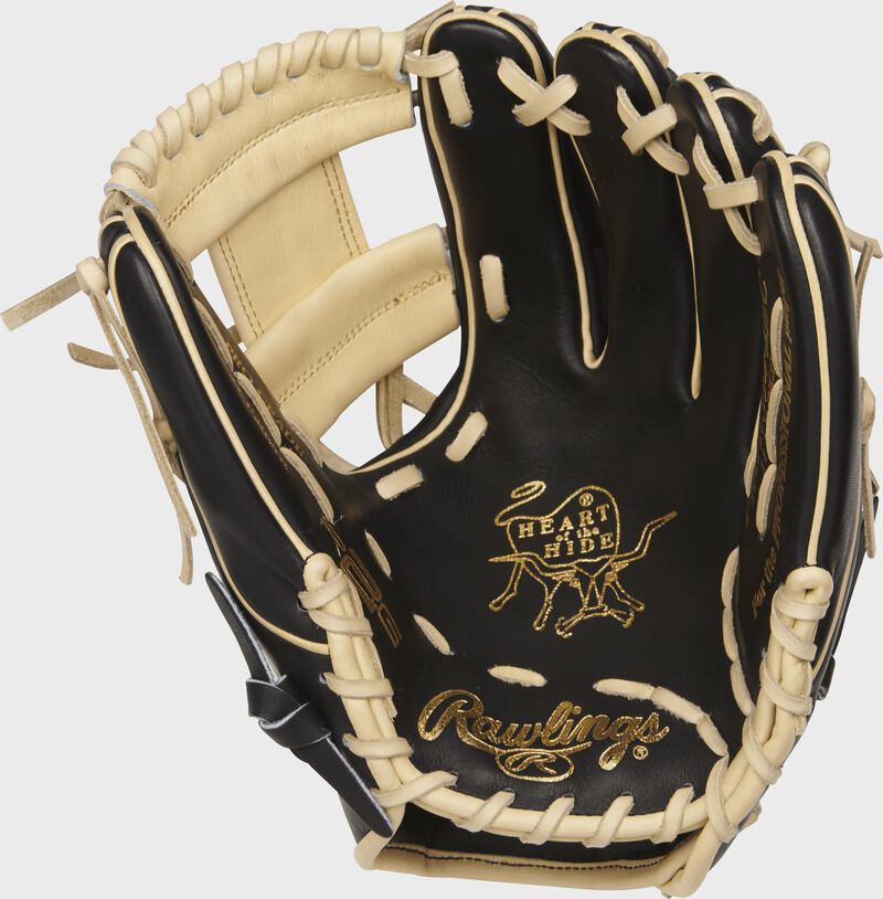 PROR314-2BC Rawlings Heart of the Hide R2G I web glove with a black palm and camel laces
