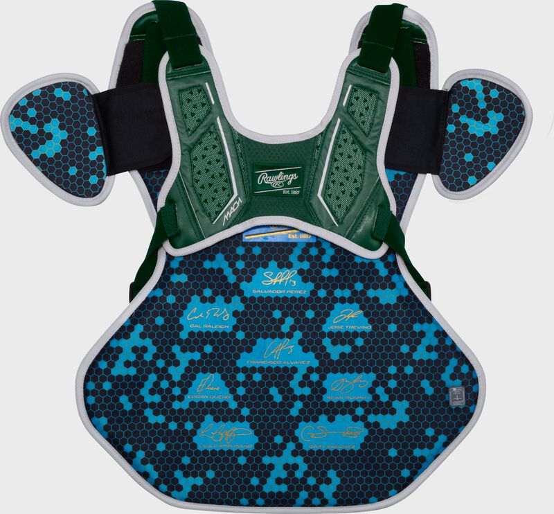 Back of a dark green Rawlings Mach Pro Series chest protector loading=