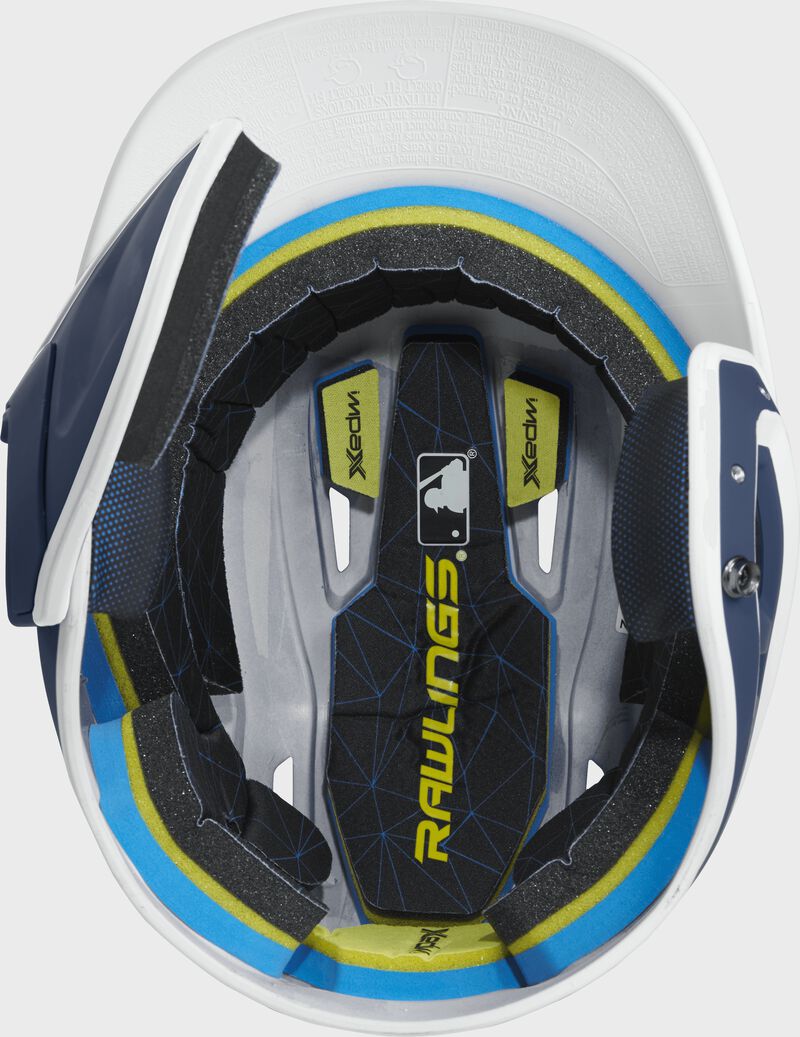 Inside of a MACHEXTR Rawlings MACH baseball helmet with IMPAX durable foam padding