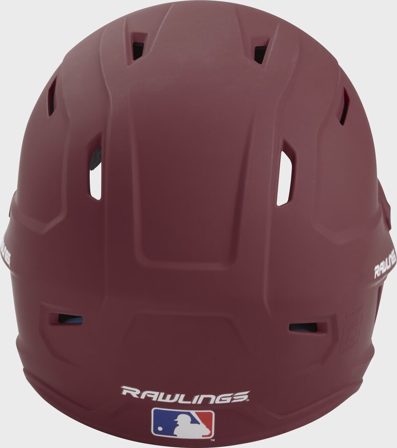 Back of a maroon MACH high performance helmet with the Official Batting Helmet of MLB logo