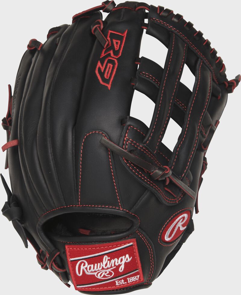 R9YPT6-6B 12-inch R9 Series outfield glove with a black back and designed with a youth pro taper fit