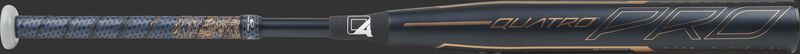 Barrel of a black FPZP11 Rawlings Quatro Pro fastpitch bat with navy/rose gold Lizard Skins grip