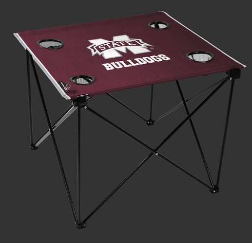 A maroon NCAA Mississippi State Bulldogs deluxe tailgate table with four cup holders and team logo printed in the middle SKU #00713039111