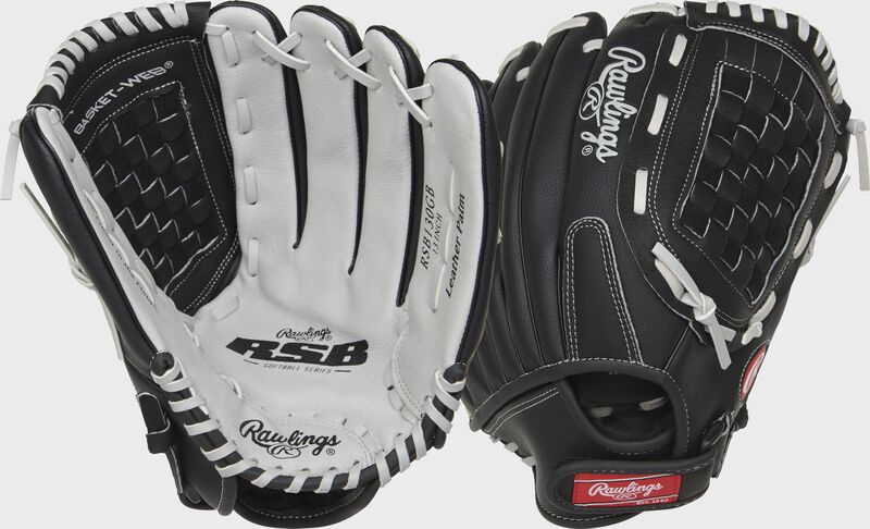 Two images showing the palm & back of a black/gray RSB 13" softball glove
