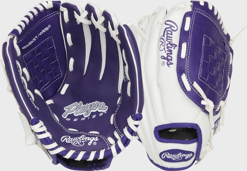 Two images showing the palm & back of a white/purple Players Series 10" youth glove