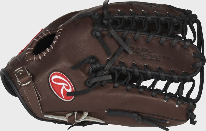 Thumb view of a chocolate PRO601CHBP 12.75-inch Heart of the Hide outfield glove with a Trap-Eze web