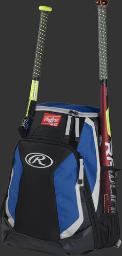 Left side of a black/royal R500 baseball backpack with a red bat in the side sleeve