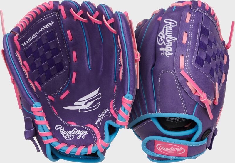 Two images showing the palm & back of a purple/Columbia blue/pink Sure Catch Softball 11-inch Youth Softball Glove