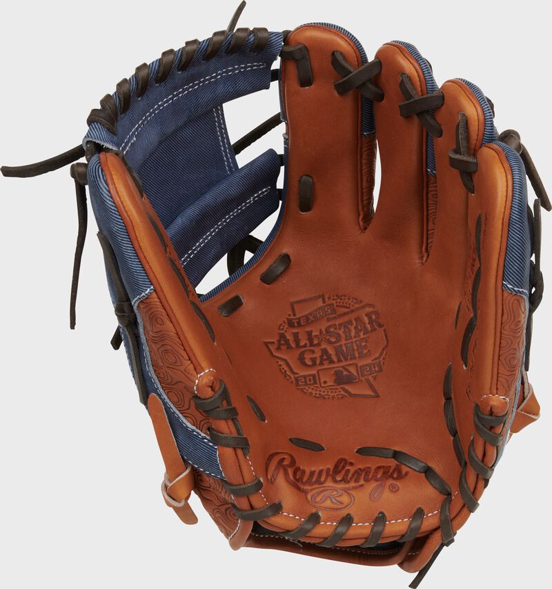 Tan palm of a Rawlings Heart of the Hide 2024 All-Star Game glove with the All-Star Game logo on the palm
