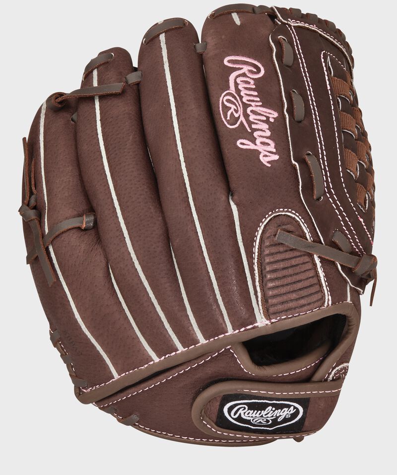 Brown back of an 11.5-inch Basket web softball glove with a Velcro strap back - SKU: MODFP115