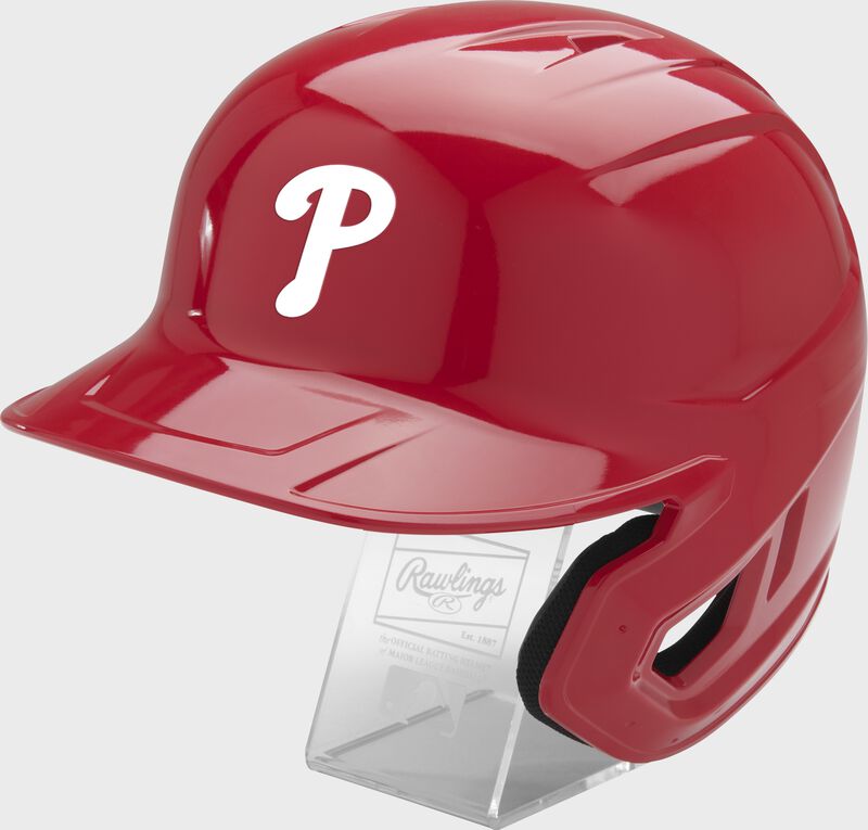 Front left of a red Rawlings Philadelphia Phillies replica helmet - SKU: MLBMR-PHI