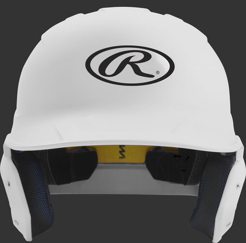 Front of a matte white MACH senior size batting helmet