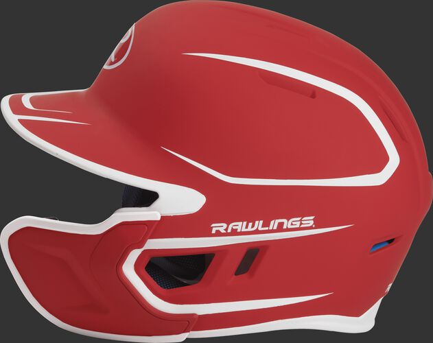 Left side of a two-tone MACHEXTR Rawlings MACH helmet with EXT extension piece for right hand batters