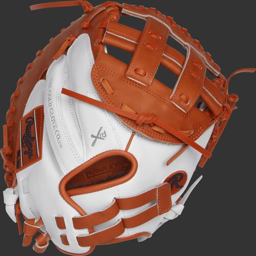 RLACM33FPWO 33-inch Liberty Advanced fastpitch catcher's mitt with a white back and Pull-Strap back design