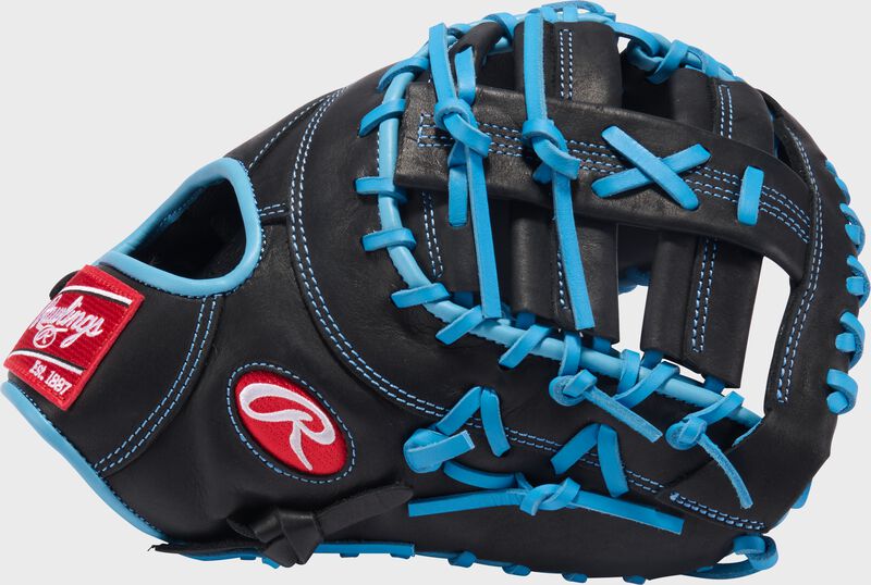 Black thumb of a R9 Series 13-Inch 1st Base Mitt with a Single Post, Double Bar web