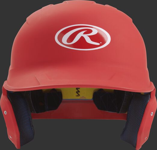 Front of a matte scarlet MACH senior size batting helmet