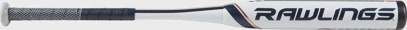 FP9V11 Rawlings fastpitch Velo bat with a white barrel and navy/rose gold accents