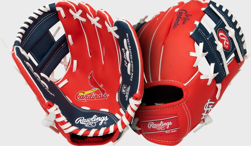 Two images showing the palm & back of a scarlet St. Louis Cardinals team logo youth glove loading=