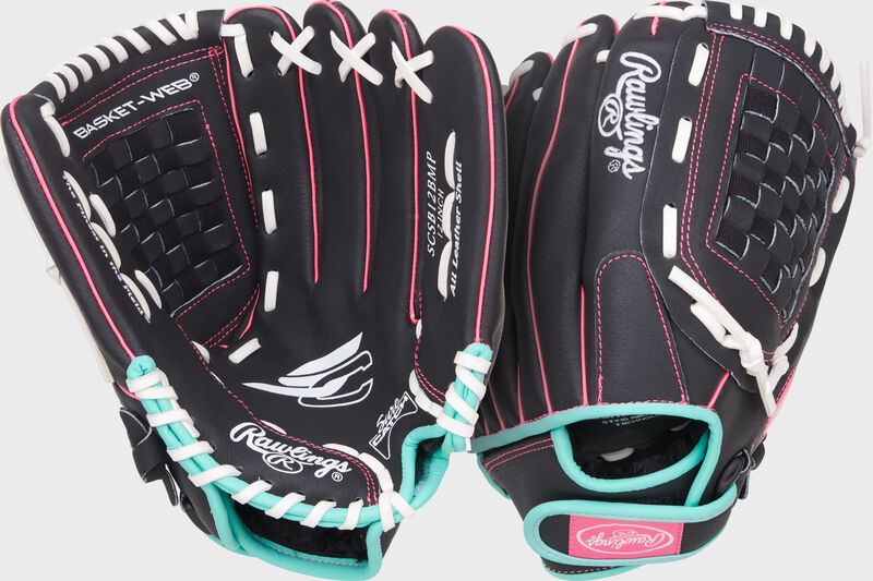 Two images showing the palm & back of a black/mint/pink Sure Catch Softball 12-inch Youth Softball Glove loading=