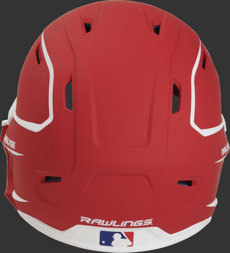Back of a MACHEXTR high performance junior MACH helmet with a matte scarlet/white shell and Official Batting Helmet of MLB logo