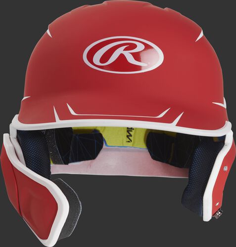 Front of a matte scarlet/white MACHEXTR senior size Mach batting helmet with face guard extension for left hand batters