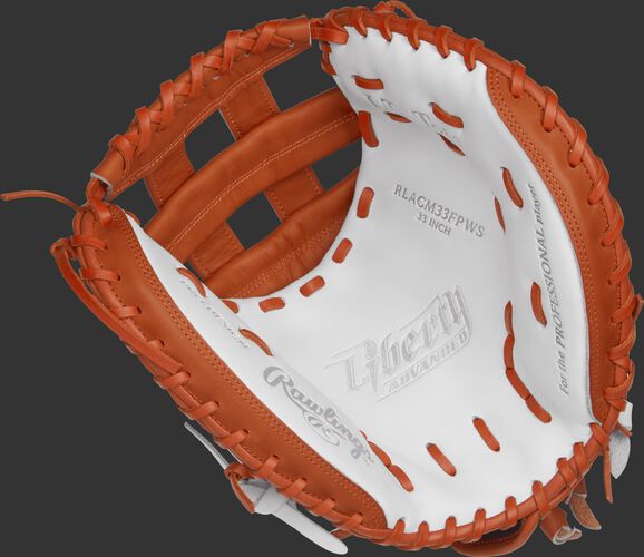 RLACM33FPWO Rawlings 33-inch softball catcher's mitt with a white palm, orange trim and orange laces