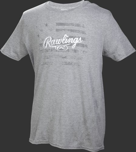Front of Rawlings Gray Adult Short Sleeve Flag Shirt - SKU #RWFT-67